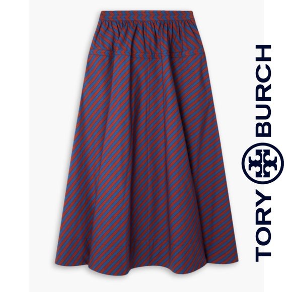 NWOT TORY BURCH Striped cotton-poplin midi skirt | Red/Blue | Size 10 - Picture 1 of 6